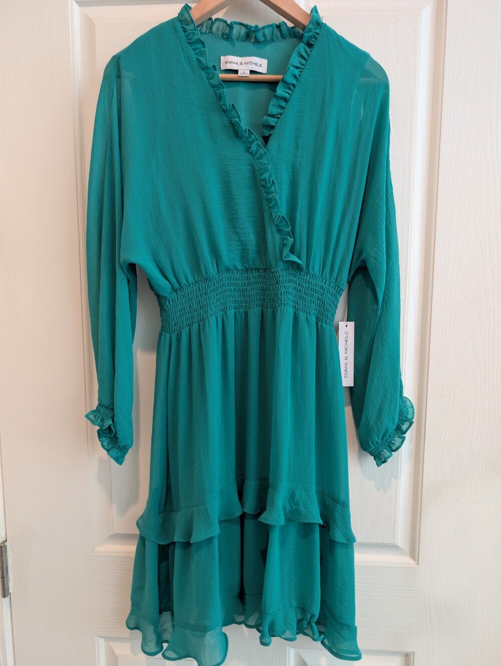 NWT- Emma & Michele Teal/Green Ruffle Surplice Midi Dress